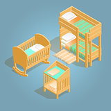 Bunk bed, baby crib, changing table isometric icon.