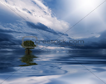 Clean water background with calm waves. Reflection. Banner, panorama.Sea or ocean water with blue sky and clouds.Magic Artistic Wallpaper.Dream, line.Lonely tree.Fantasy design.Modern Art.Pastel colors.