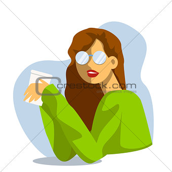 Vector creative cartoon illustration. Morning young woman drinks coffee at the office. Girl in glasses.
