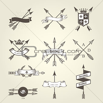 Set of coat of arms with bow arrows - emblems and blazons, heral