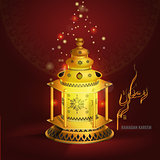 Vector Ramadan kareem vector greetings design with lantern or fanoos mock up with red background.