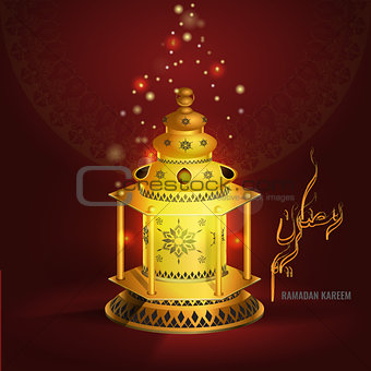Vector Ramadan kareem vector greetings design with lantern or fanoos mock up with red background.