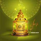 Vector Ramadan kareem vector greetings design with lantern or fanoos mock up with green background.