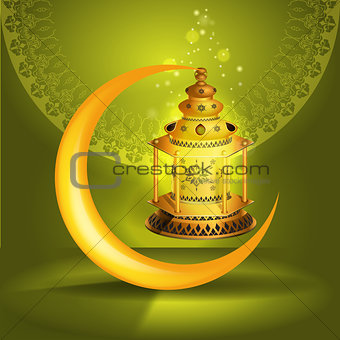 Vector Ramadan kareem vector greetings design with lantern or fanoos mock up with green background.