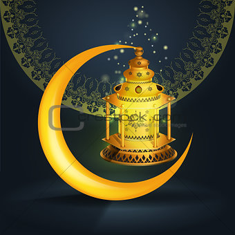 Vector Ramadan kareem vector greetings design with lantern or fanoos mock up with blue background.