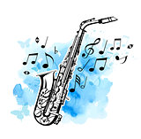 Saxophone on a blue watercolor background