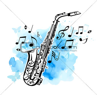 Saxophone on a blue watercolor background