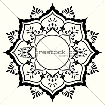 Decorative black and white frame with circular mehndi ornament.