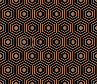 Seamless pattern with black gold hexagons and striped lines.