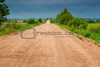view of a rural dirt road in a field in cloudy weather