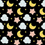 Cute Clouds, Star and Moons  Seamless Pattern Background Vector 