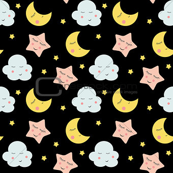 Cute Clouds, Star and Moons  Seamless Pattern Background Vector 