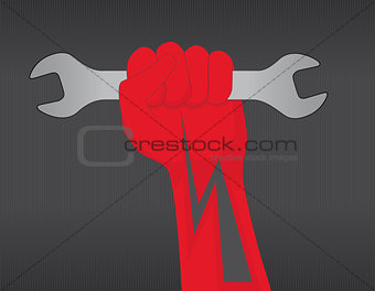 Realistic 3D Silhouette of an closed hand with wrench on Dark Background. Vector Illustration