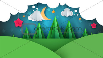 Cartoon paper landscape. Fir illustration. Moon, cloud, flower.