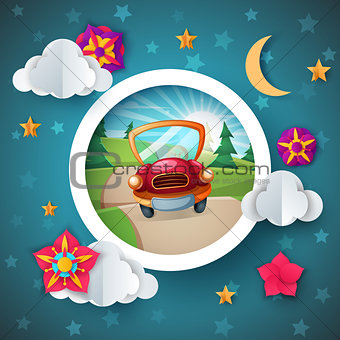 Cartoon landscape. Car illustration. Flower, cloud, moon, star.