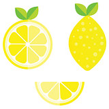 Set of whole, cut in half, sliced on pieces fresh lemons, leaves and flowers, twisted lemon peel hand drawn vector illustration isolated on white background.