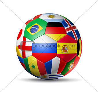 Russia 2018. Football soccer ball with team national flags on wh
