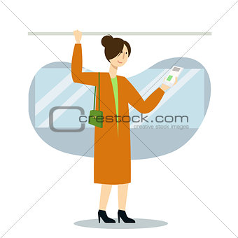 Woman character using smartphone in public transport. Vector flat cartoon illustration