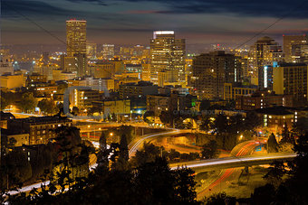 Portland Downtown Cityscape and Freeway at Night