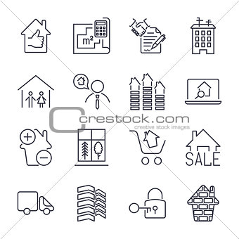 Real estate thin icons. Handshake, contract, bilding, bathroom, house and other. Icon set with editable stroke