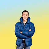 Asian man in blue down-padded coat