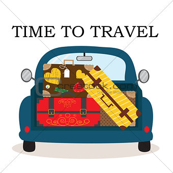 Car with luggage going to the trip . Vector illustration. Eps10 file.