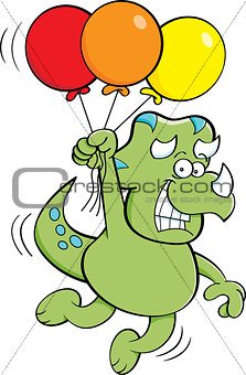 Cartoon Dinosaur Floating While Holding Balloons.