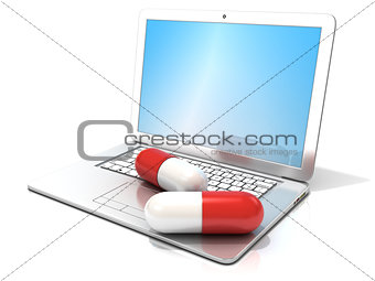 Laptop with two red pills. 3D