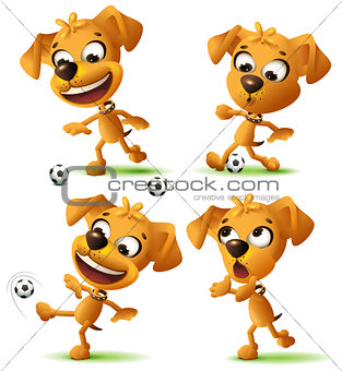 Set yellow funny dog playing soccer ball