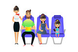 Happy cartoon family travel. Travelling people passengers and on board of the airplane. Man woman ang girl sit in an armchair. Father with book, gaughter with gadget.