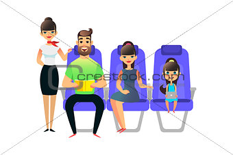 Happy cartoon family travel. Travelling people passengers and on board of the airplane. Man woman ang girl sit in an armchair. Father with book, gaughter with gadget.