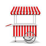 Realistic street food cart with wheels. Mobile red market stall template. Farmer shop market cart, kiosk store mockup. Vector illustration
