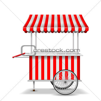 Realistic street food cart with wheels. Mobile red market stall template. Farmer shop market cart, kiosk store mockup. Vector illustration