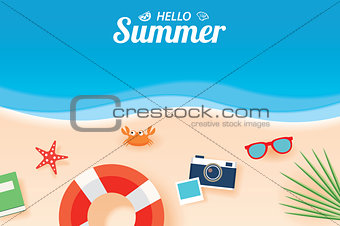 Hello summer card banner with vacation beach paper art backgroun