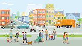 City with pedestrians and traffic, illustration
