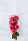 White scoop with fresh raw organic raspberries