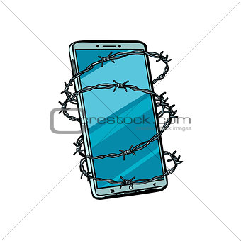 Barbed wire and telephone. isolated on white background