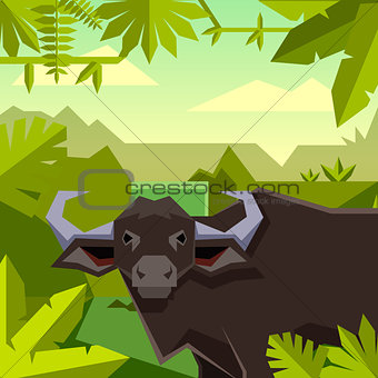Flat geometric jungle background with Buffalo