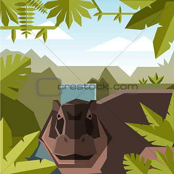 Flat geometric jungle background with Hippopotamus