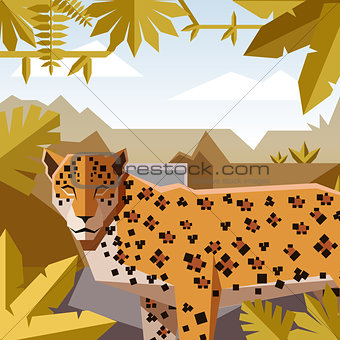 Flat geometric jungle background with Jaguar