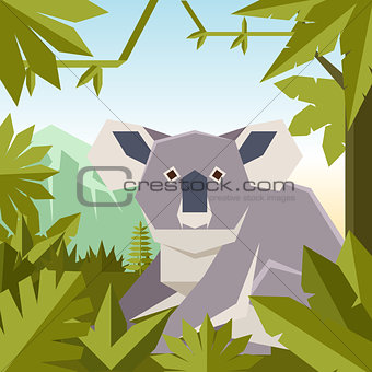 Flat geometric jungle background with Koala