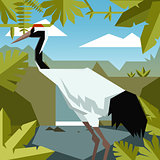 Flat jungle background with Red-crowned Crane