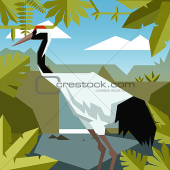 Flat jungle background with Red-crowned Crane