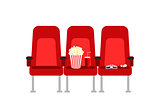 Cinema seats in a movie with popcorn, drinks and glasses. Flat vector cartoon Cinema seats illustration. Movie cinema premiere poster concept design. Show time.