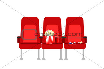 Cinema seats in a movie with popcorn, drinks and glasses. Flat vector cartoon Cinema seats illustration. Movie cinema premiere poster concept design. Show time.