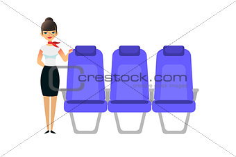 The stewardess is waiting for the passengers. Flight attentant female stands near the seats. Vector flat colorful illustration of blue seat. Cartoon interior airplane seats.