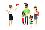 The guide tells the travelers about the sights. A group of tourists listens to a woman guide. Happy family with a map and things listening to a story about the city. Flat vector travel concept.