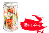 Colorfu hand-drawn illustration of delicious smoothie of fresh fruit. Fresh summer cocktail with strawberry and mint. Glass jar with ice cubes. Healthy beverage. Vitamin natural drink.