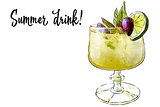 Colorfu hand-drawn illustration of delicious smoothie of fresh fruit. Fresh summer cocktail with lime, mint and fruit in a beautiful glass. Healthy beverage. Vitamin natural drink.