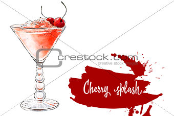 Colorfu hand-drawn illustration of delicious smoothie of fresh fruit. Fresh summer cocktail with cherries and crushed ice in a beautiful glass. Healthy beverage. Vitamin natural drink.
